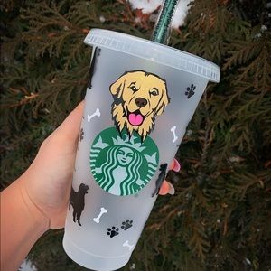 Golden retriever puppy cold cup w bones and paw prints & custom name & colors